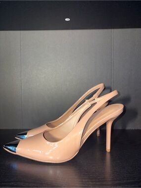 Nude Patent Slingback Pumps with Metallic Cap Toe